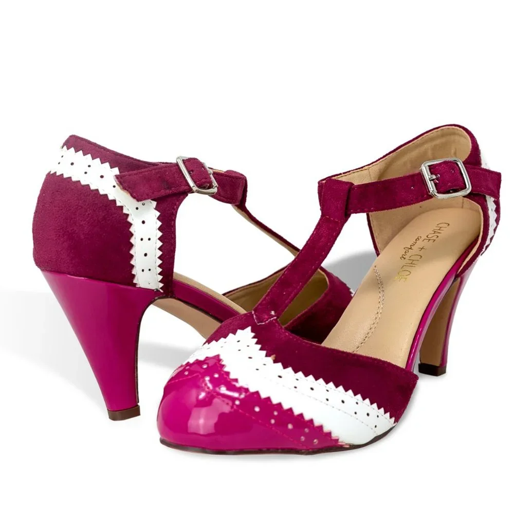 Chase & Chloe Kimmy-66 Closed Toe T-Strap Two Tone Oxford Pumps - Picture 4 of 5